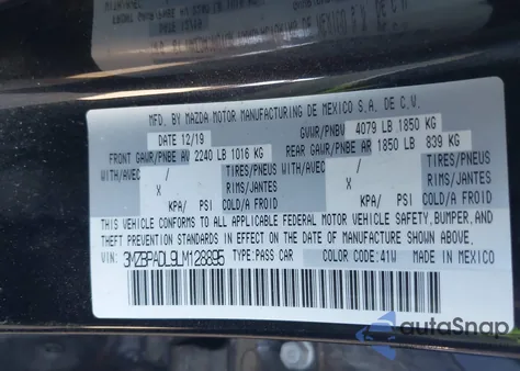 2020 Mazda Mazda3 Preferred Package из США, поврежденный, VIN 3MZBPADL9LM128895